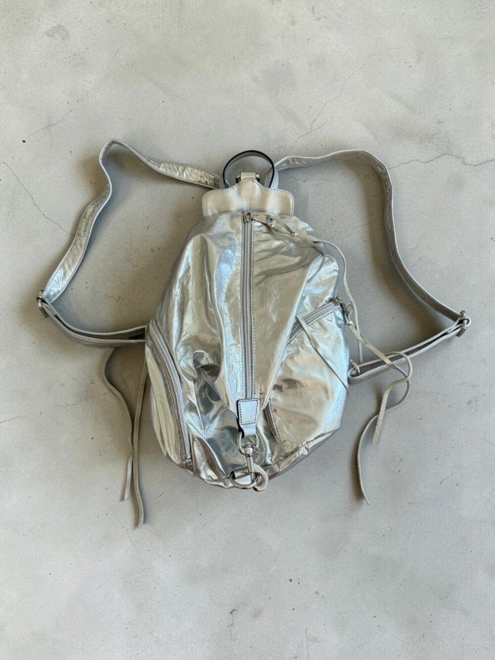REBECCA MINKOFF Silver Metallic Zip Backpack